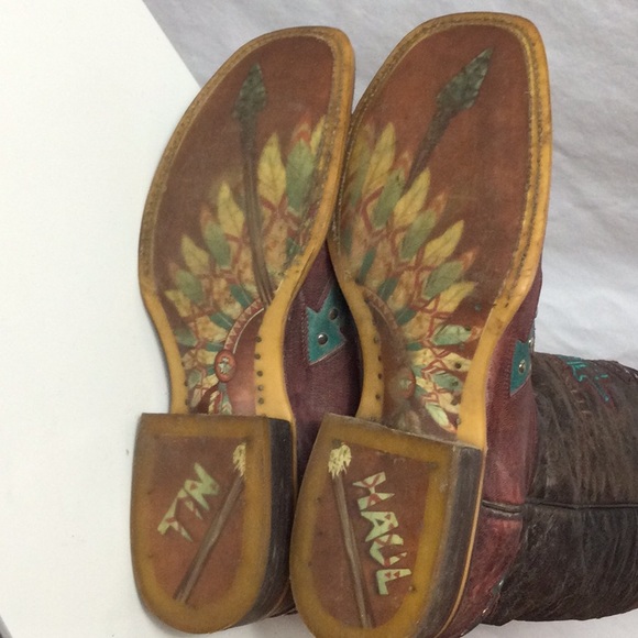 Tin Haul Arrowhead Dark Brown and Burgundy Boots with Teal Stitching - Picture 8 of 12